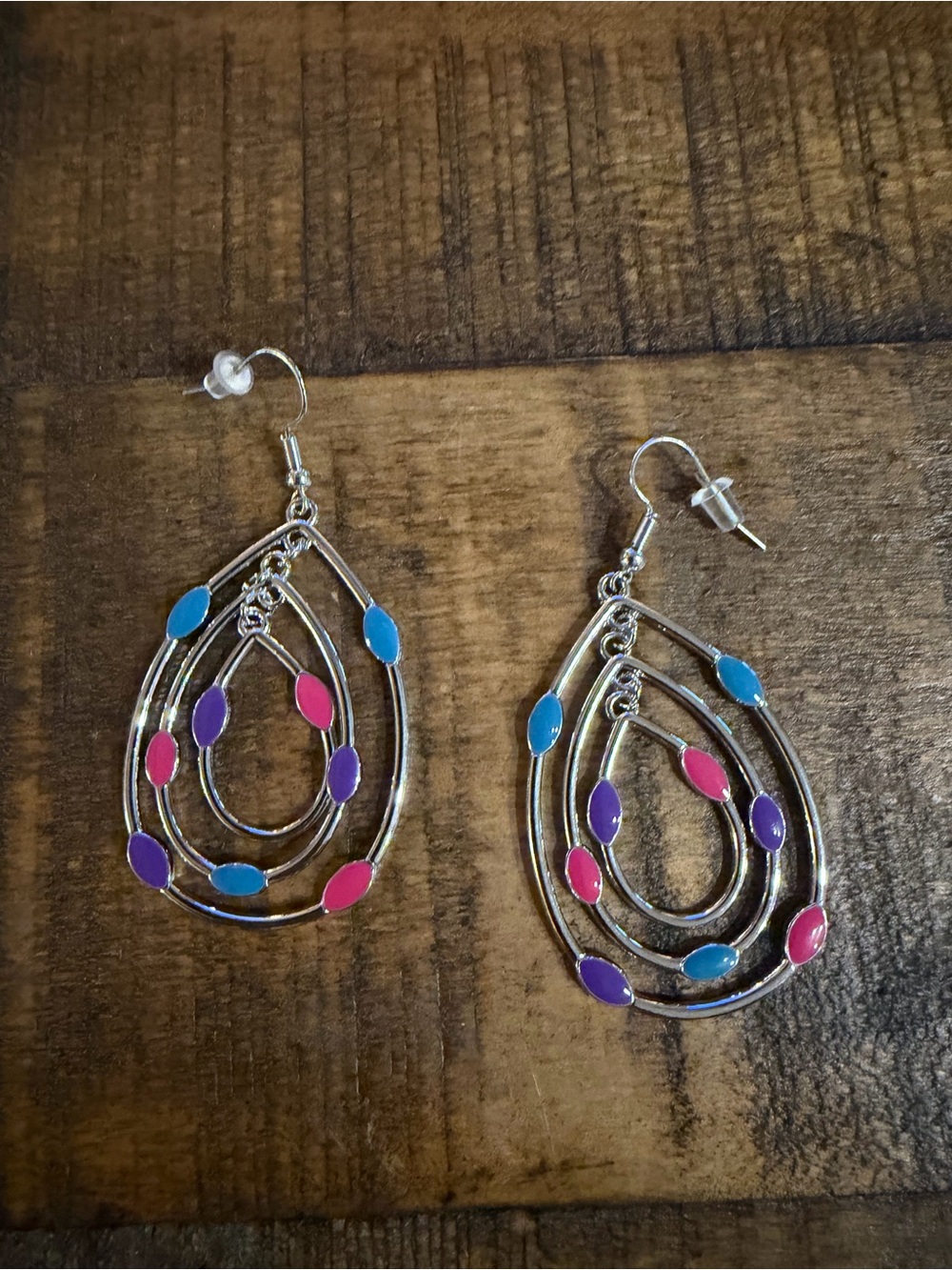 Paparazzi Silver Teardrop Dangle Earrings with Blue, Pink & Purple Accents